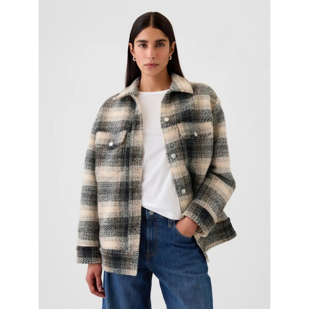 Gap Black & Cream Neutral Plaid Wool Shirt Jacket Shacket Women's Size Medium